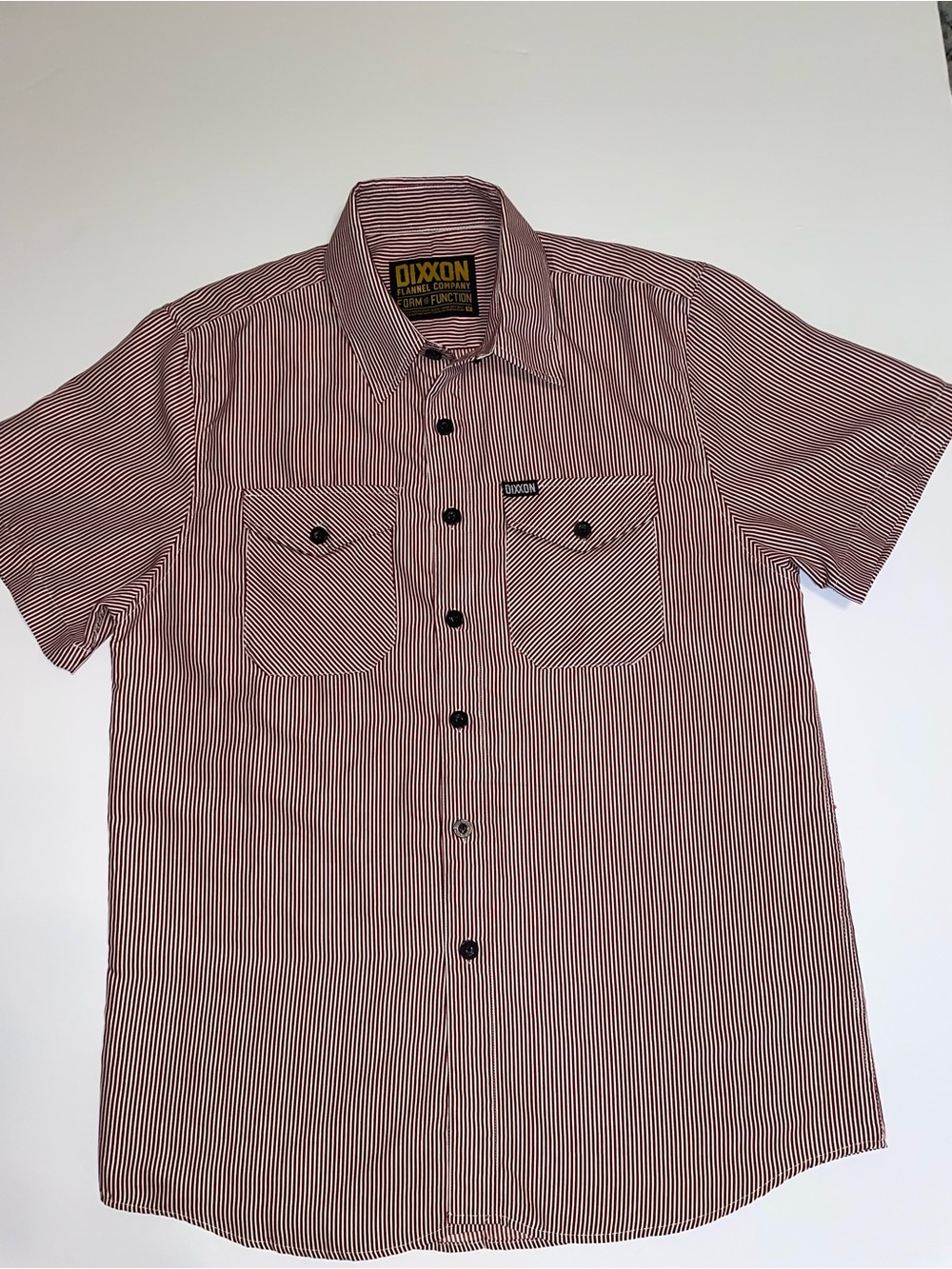 Dixxon Flannel Co Mens M Red White Pinstripe Short Sleeve Button Work Shirt